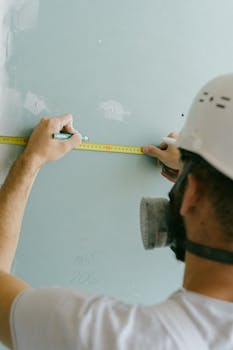 A builder in a hard hat measures a wall's dimensions with a tape measure.