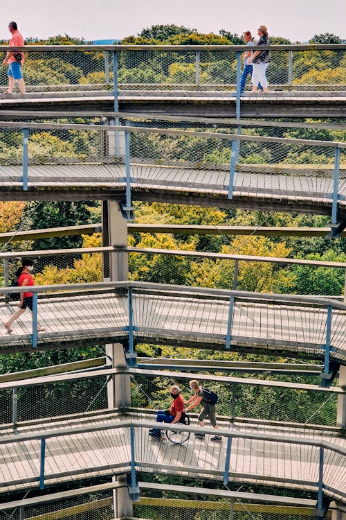From above of unrecognizable group of tourists admiring greenery woods from old spiral observation tower