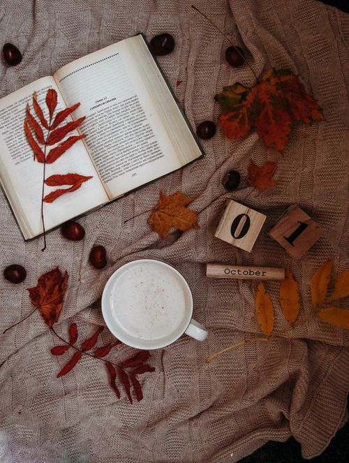 Free Top view of a warm autumn setup with a book, coffee, and colorful leaves. Stock Photo