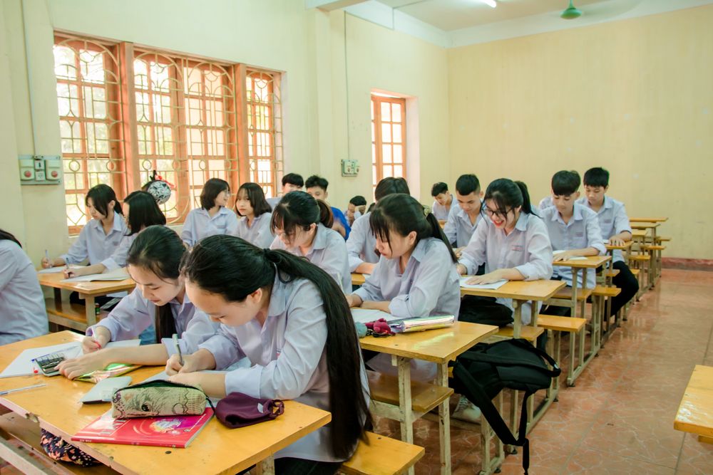 Students studying in a bright classroom