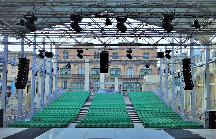 Outdoor Auditorium And Stage With Professional Equipment On City Square