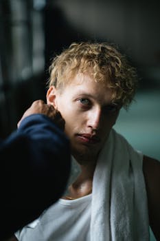 Handsome sportsman with wet face and towel on neck resting after workout and looking at camera