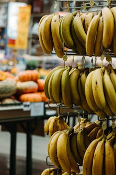 Hanging ripe bananas displayed at a vibrant Brazilian market on a sunny day.