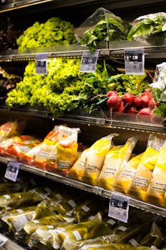 Vibrant array of fresh vegetables and packaged produce on supermarket shelves, showcasing healthy options.