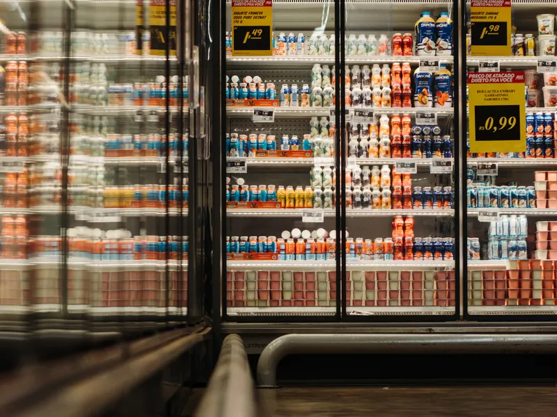 Brightly lit refrigerated display with chilled products in tidy rows Brightly lit refrigerated display with chilled products in tidy rows