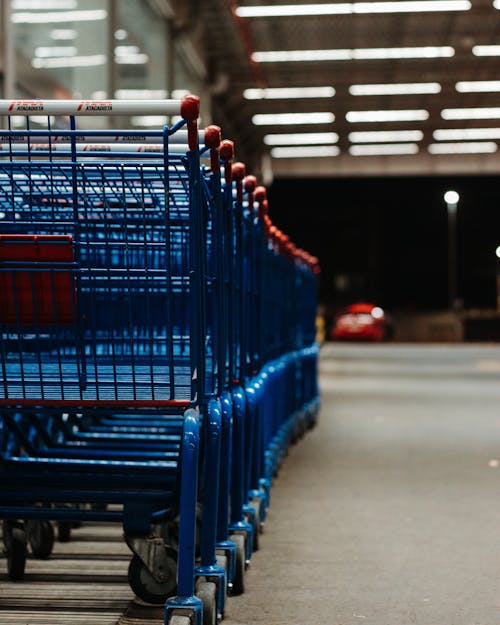 Blue Shopping Carts on the Walkway