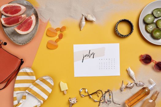 Summer-themed flat lay with vacation essentials like sunglasses, fruits, and calendar on sand.. pexels, summer, themed