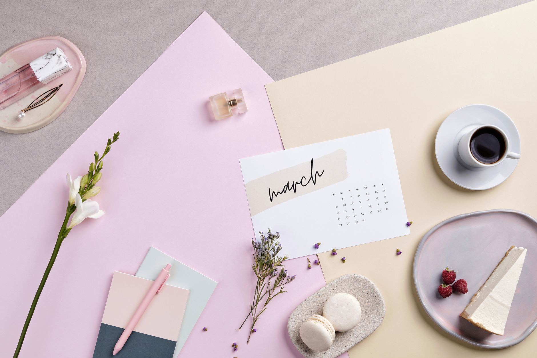 Stylish flat lay featuring cheesecake, coffee, and a March calendar, perfect for spring themes.