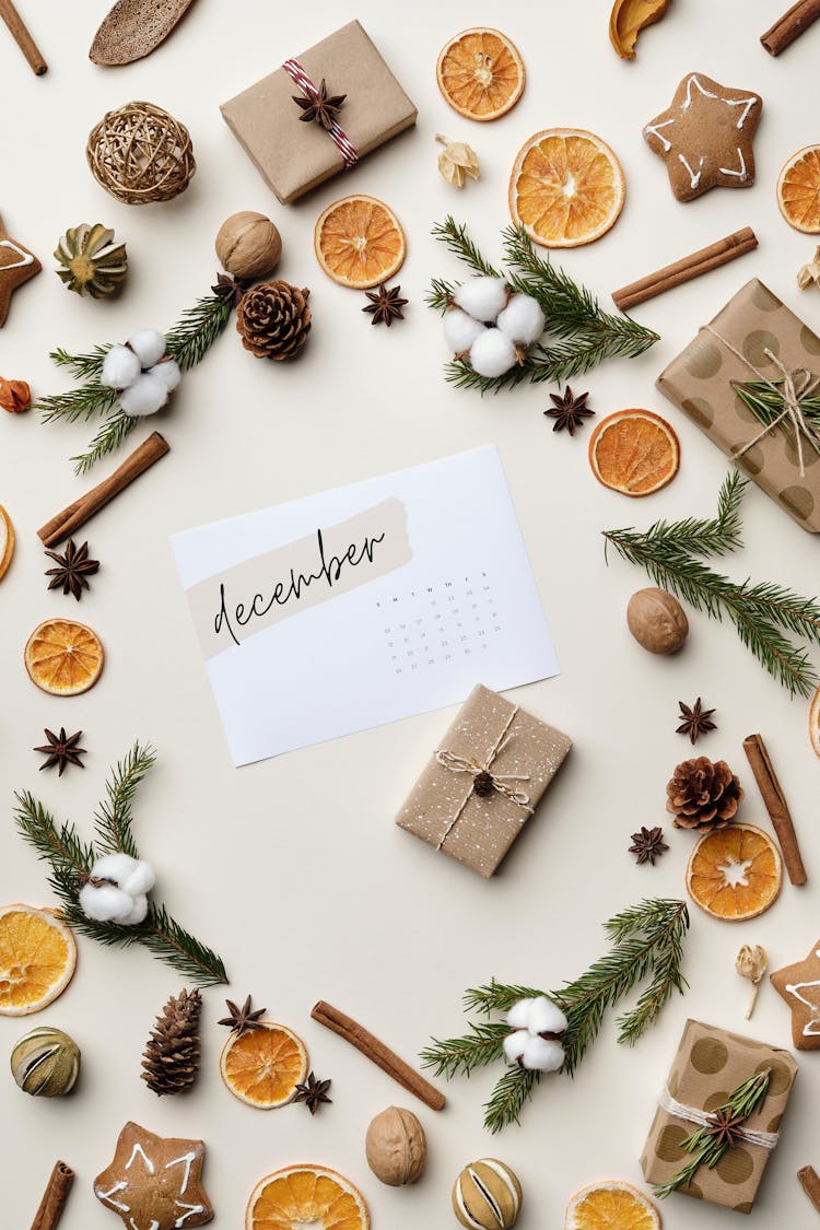 Calendar Page And Christmas Decorations 