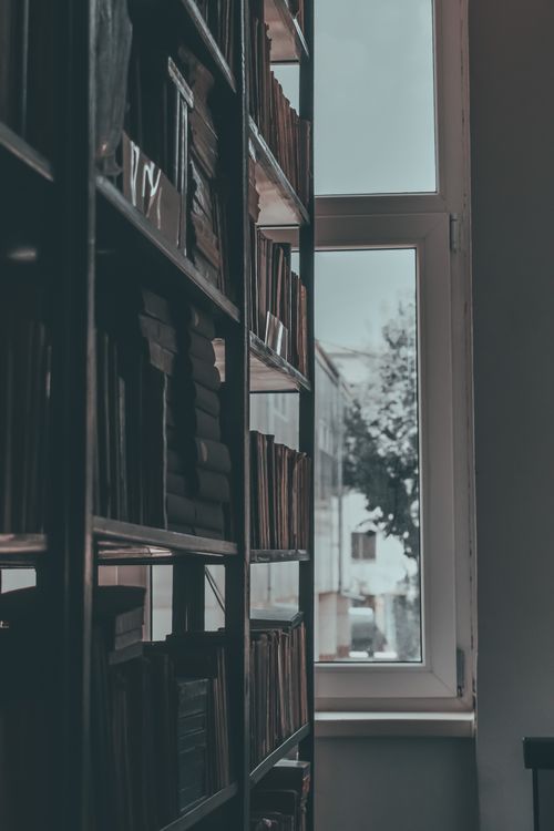 Free Stacks of various books on big shelf placed near aged window in library Stock Photo