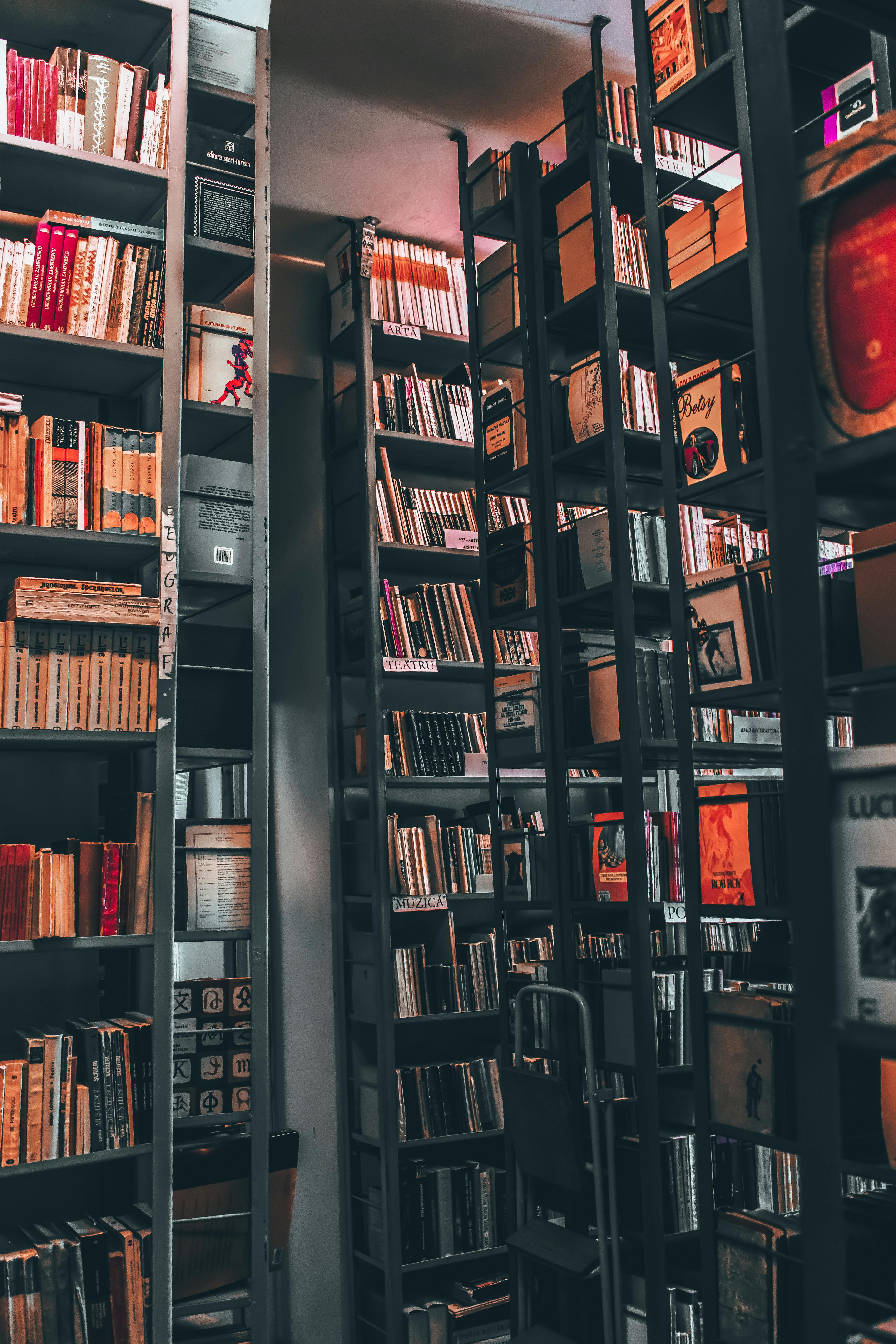 opened bookshelves with various literature in library