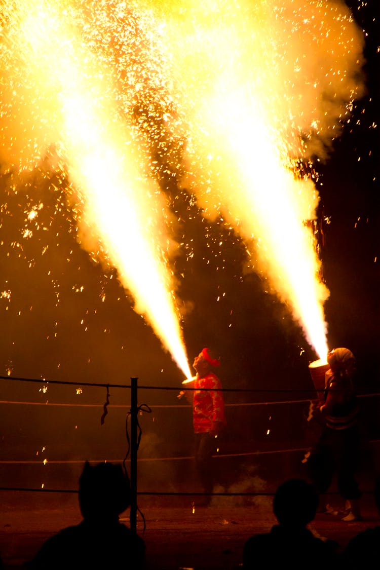 People Watching A Fire Show Performance