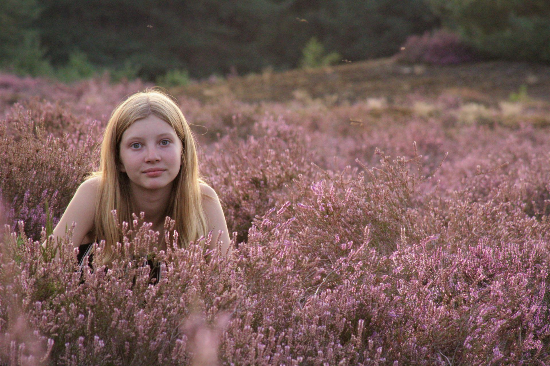 A young woman sits in a vibrant pink heather field embracing nature's beauty.