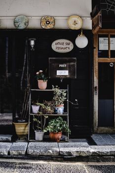 漫步于古色古香的人行道，探索这家京都古董店，其复古外观与植物展示引人驻足