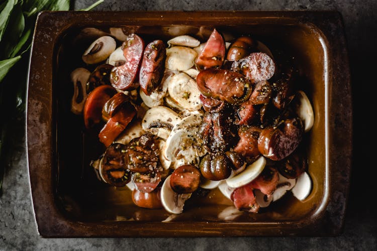 Mushroom And Vegatables On Oven Tray