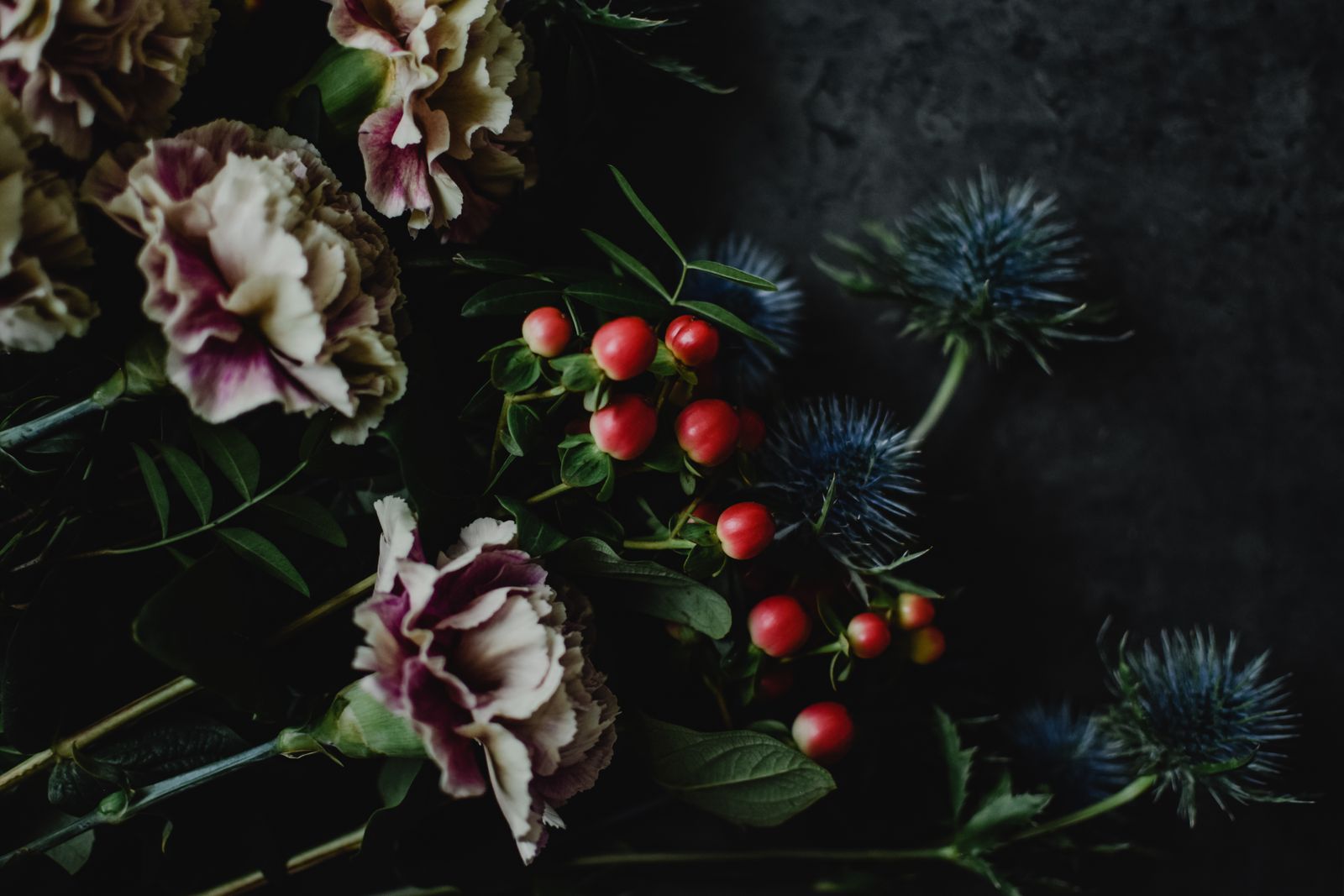Cut flowers and berries arranged on a dark surface — photo by Eva Bronzini on Pexels