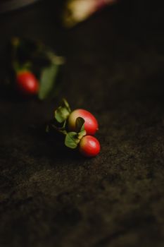 红色浆果的艺术特写置于纹理丰富的深色表面，叶片点缀其间，营造出忧郁的氛围