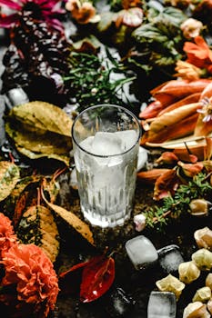 一杯清爽的冰饮料，点缀着秋叶、鲜花和冰块，充满活力