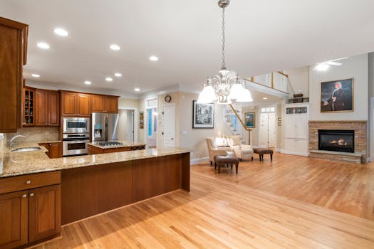 Elegant open-plan home interior with hardwood floors and modern kitchen.