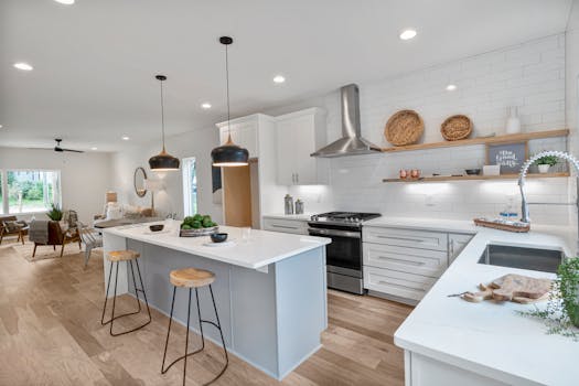 Spacious modern kitchen with island, white cabinets, and sleek lighting for a minimalist interior design.