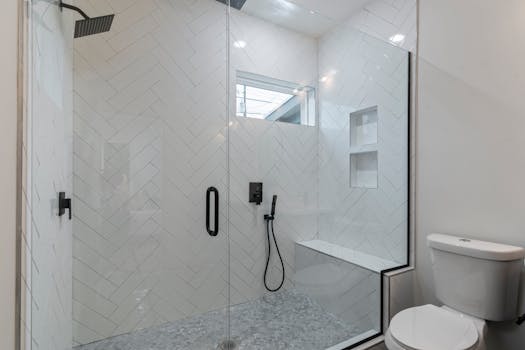 Elegant bathroom featuring a sleek walk-in shower and contemporary design.