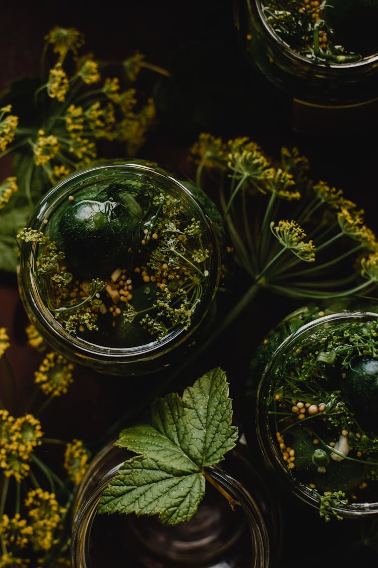 Overhead Shot Of Jars With Pickles