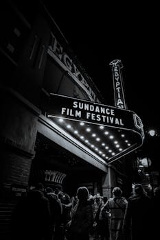 Crowd gathers at the Egyptian Theatre for the Sundance Film Festival in a black and white night scene.