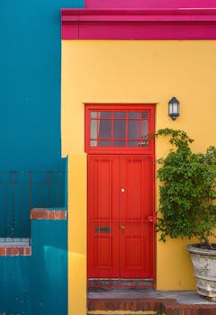 A striking red door set against a bright and colorful building facade with plants.