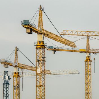 Multiple yellow tower cranes against a gloomy sky, depicting industrial construction.
