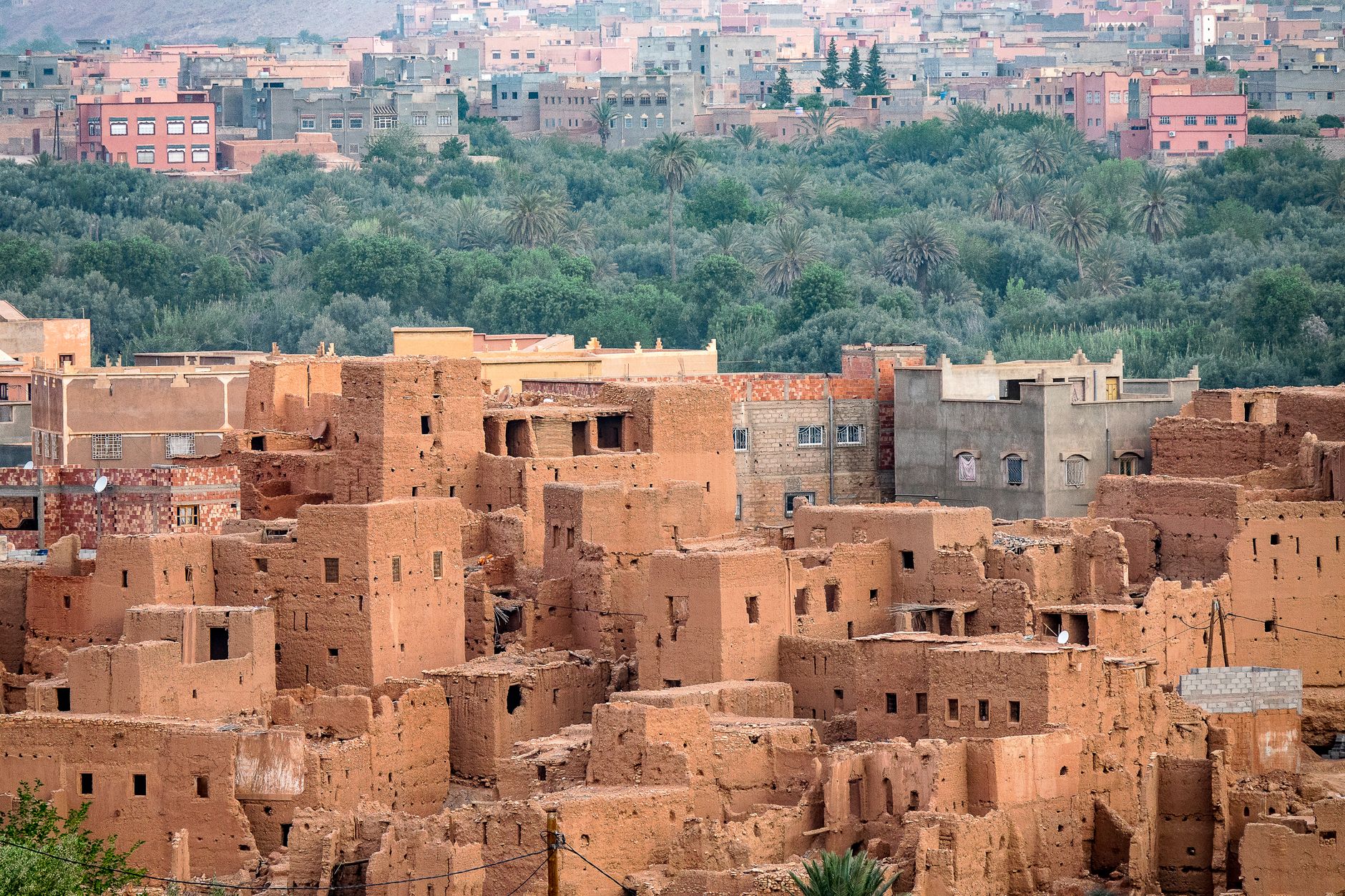 Discover the clay architecture of an ancient Moroccan city with rich greenery in the backdrop.