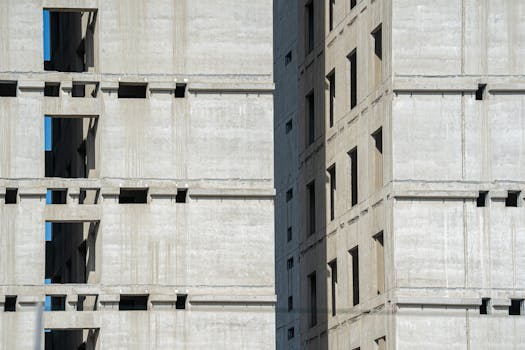 Close-up of an unfinished high-rise building with concrete structure.