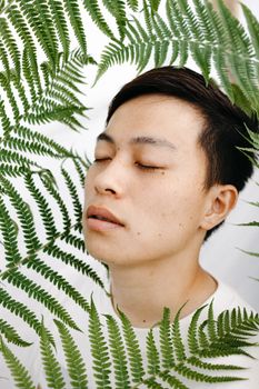 这幅肖像画描绘了一个闭着眼睛、被蕨类植物叶子环绕的男人，画面十分宁静