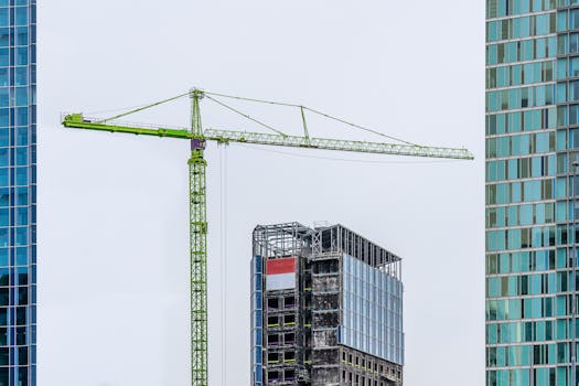 High-rise building under construction with crane and modern facades, showcasing urban architecture.