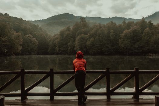 Individual in a red hoodie admiring a tranquil mountain lake, surrounded by dense forest and fog.