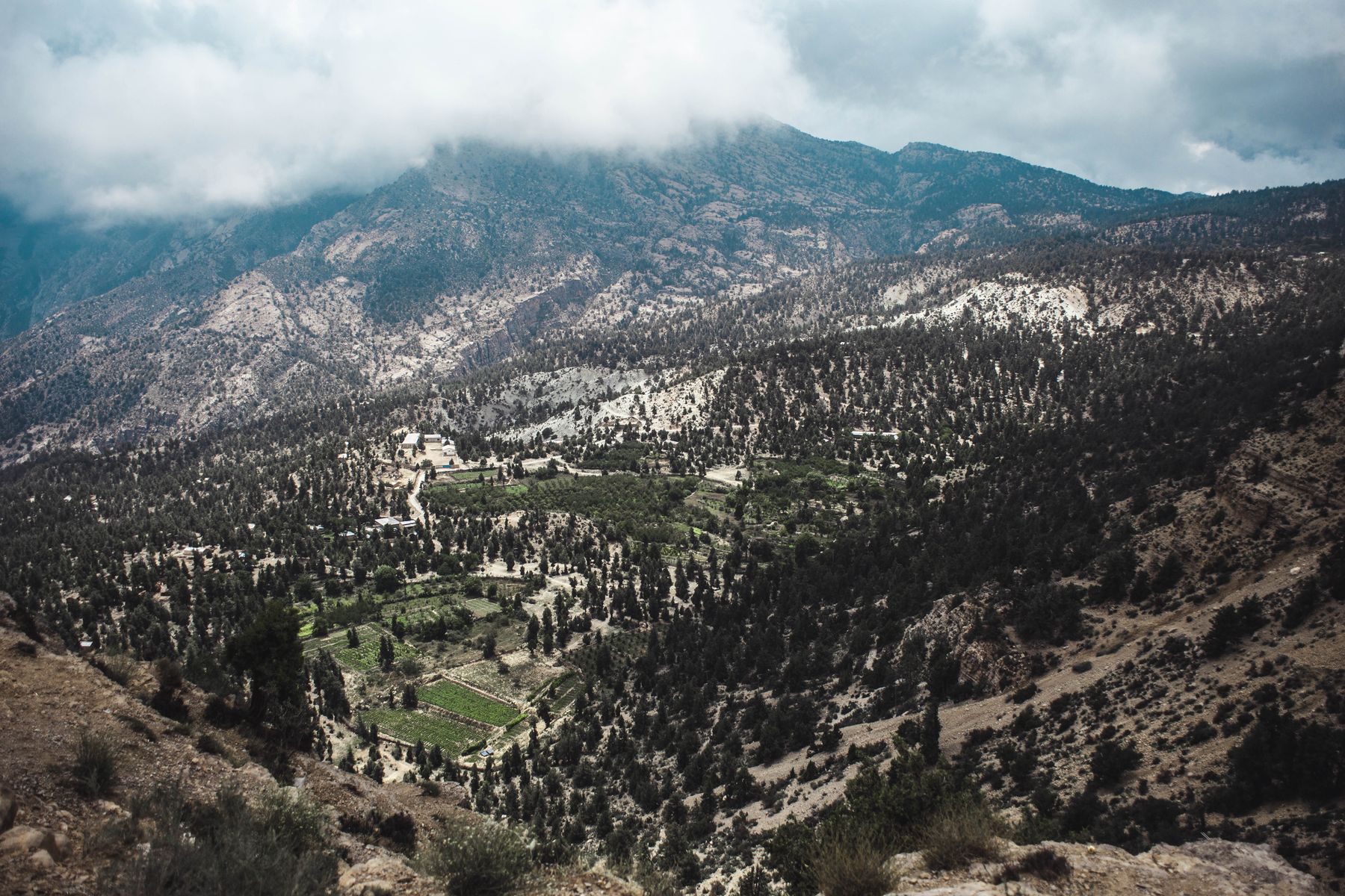 Breathtaking aerial view of Ziarat Valley in Balochistan, showcasing mountainous terrain and lush greenery.
