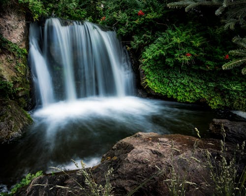 Long exposure fantastic scenery of rapid cascade flowing from rough cliff into small lake in abundant forest