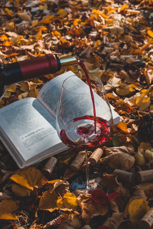 Red Wine Being Poured on a Glass Beside an Open Book