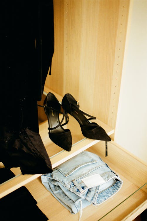 Free Black High Heels Shoes in the Cabinet Stock Photo