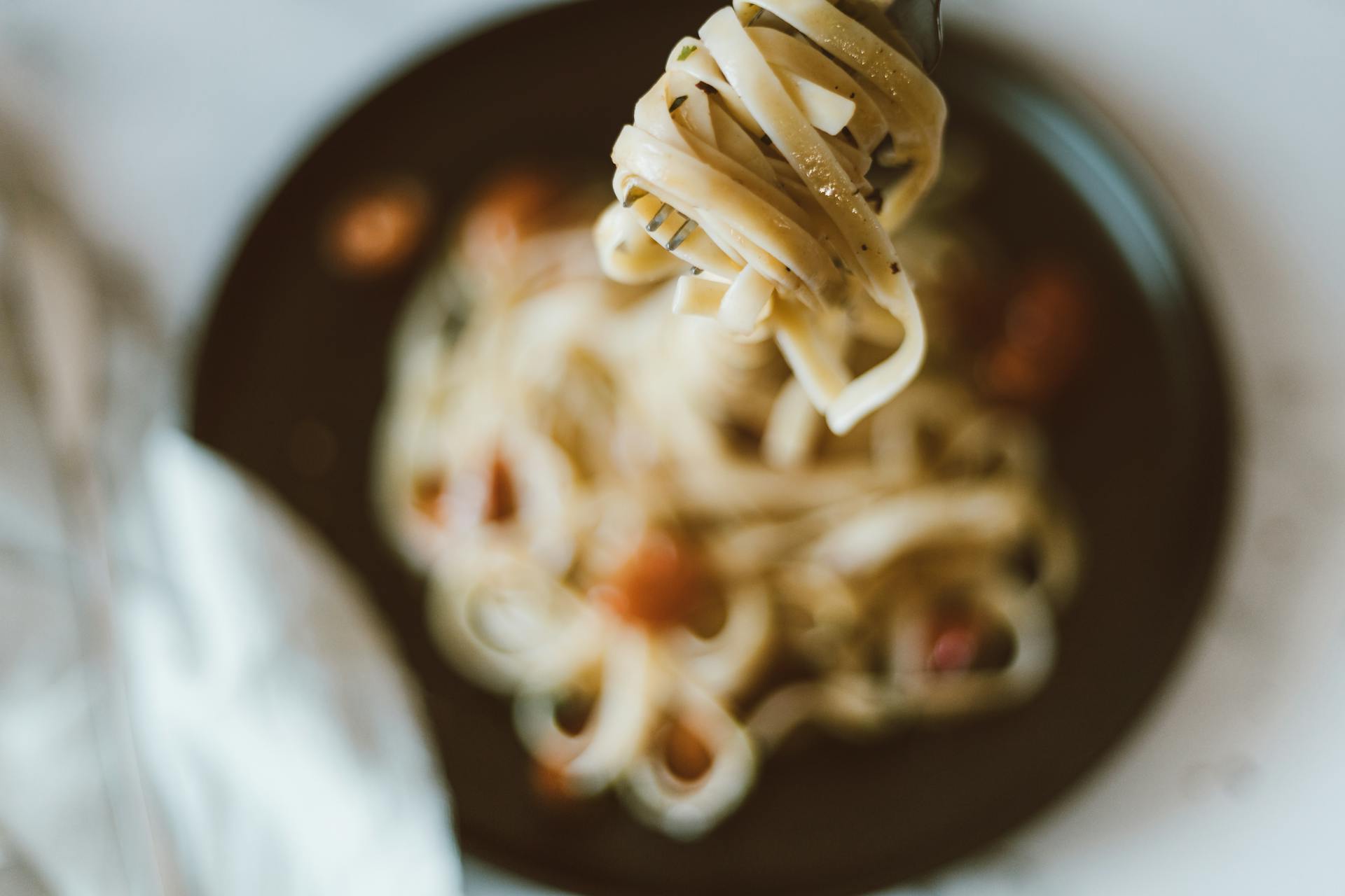 Close-up of Noodles Wrapped on a Fork