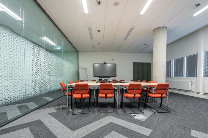 A spacious conference room with natural light