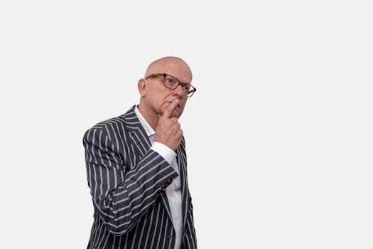 Bald businessman with glasses and striped suit deep in thought against a white background.