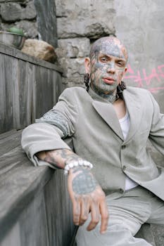 A stylish tattooed man in a suit posing against a stone wall outdoors, exuding confidence and fashion.