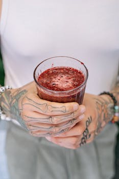 纹身手特写中，一杯新鲜浆果汁与复杂的墨水设计相映成趣，捕捉到了充满活力的饮料瞬间