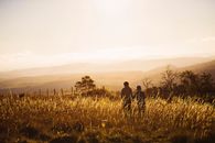 Two Persons Walking on Grassy Field