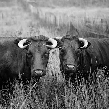 这张黑白特写照片捕捉了乡村田野中两只引人注目的有角牛
