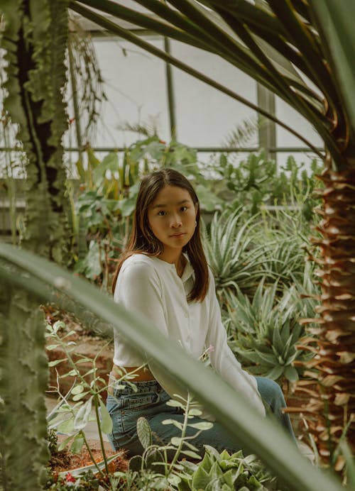Side view of stylish young ethnic lady in casual wear sitting on bench among green plants in greenhouse and looking at camera