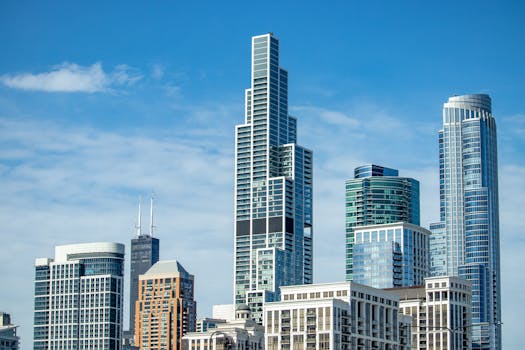 A city's skyline with tall skyscrapers under a clear blue sky.