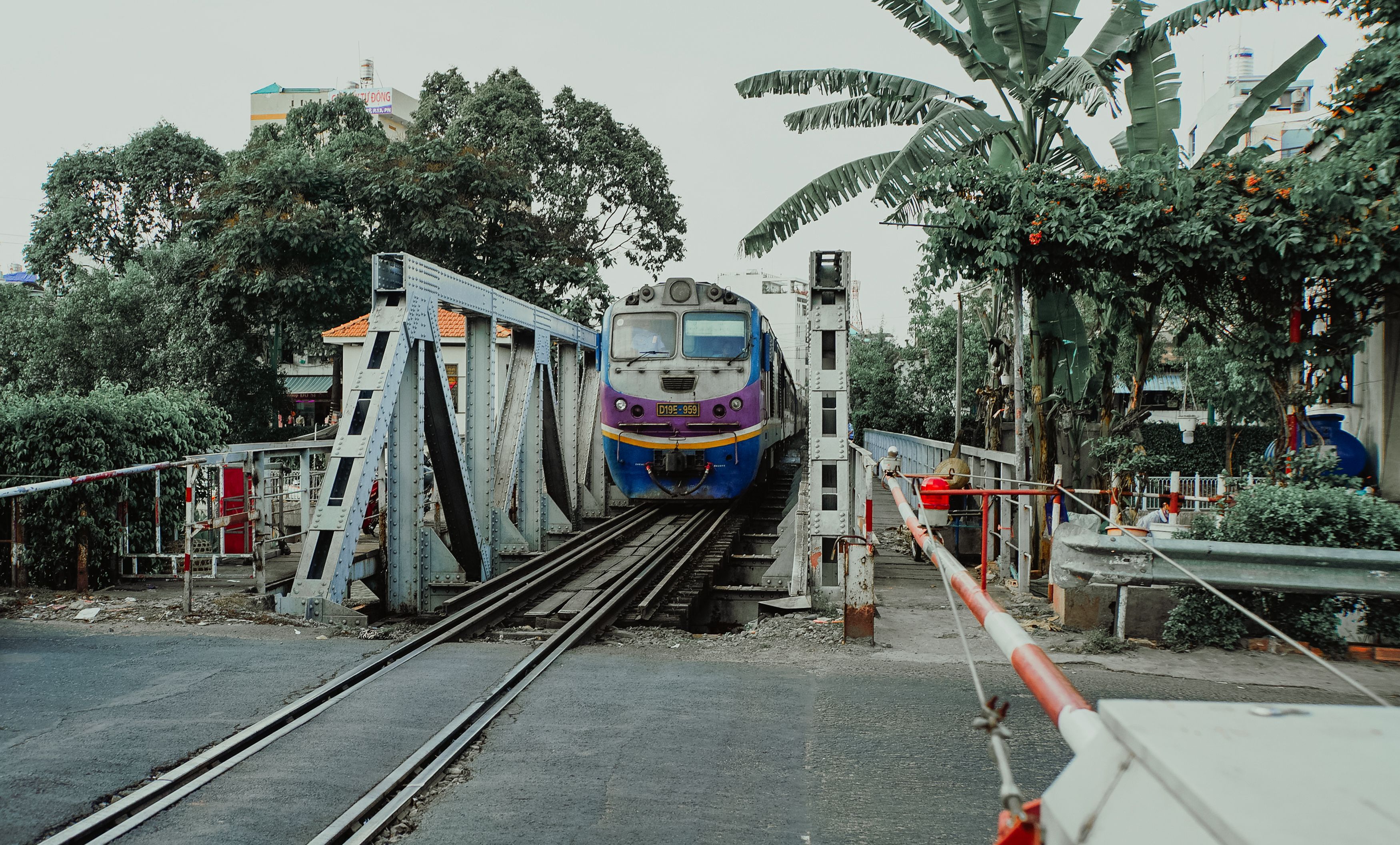 Train journey through the countryside in Southeast Asia