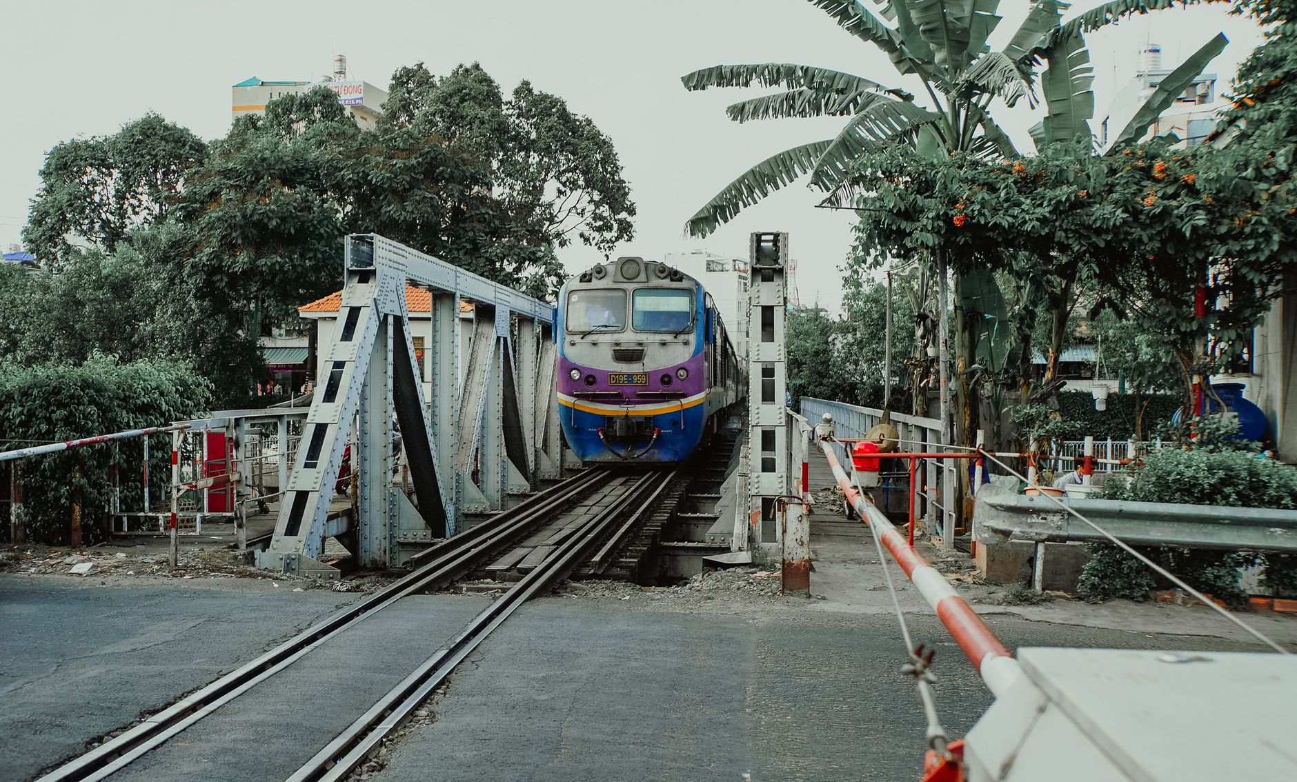 Train journey through the countryside in Southeast Asia