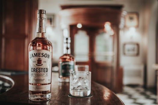 Close-up of Jameson Crested in a classic bar setting in Dublin, Ireland. Perfect for brand, travel, or lifestyle themes.